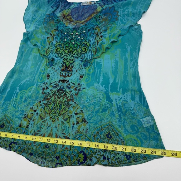 Unity World Wear Women’s Blue Green Studded Patterned Top Medium Flutter Sleeve - Picture 14 of 15